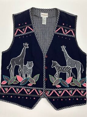 Vintage Napa Valley Beaded and Appliqué Vest w/ animals Large lagenlook boho